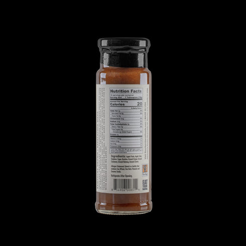 Bourbon Barrel Foods Apple Butter Spread with nutrition facts on back of bottle.